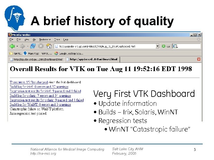 A brief history of quality Very First VTK Dashboard • Update information • Builds