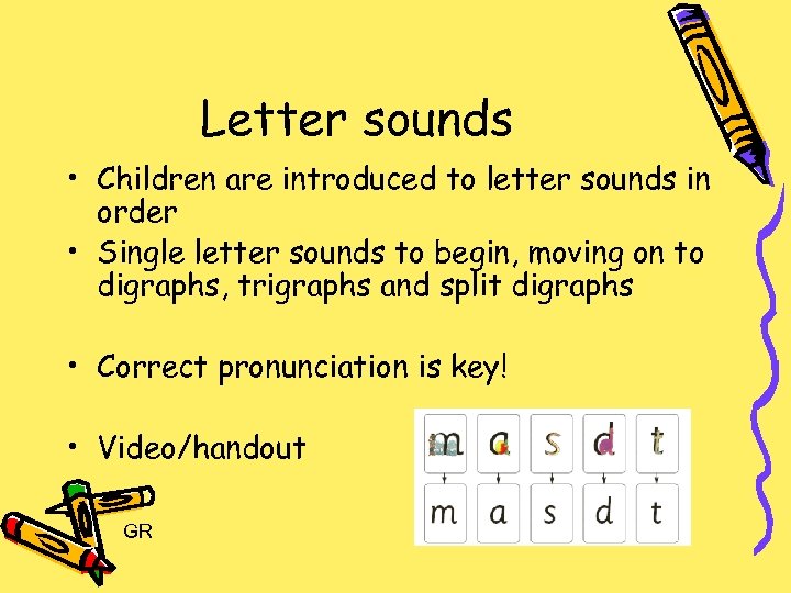Letter sounds • Children are introduced to letter sounds in order • Single letter