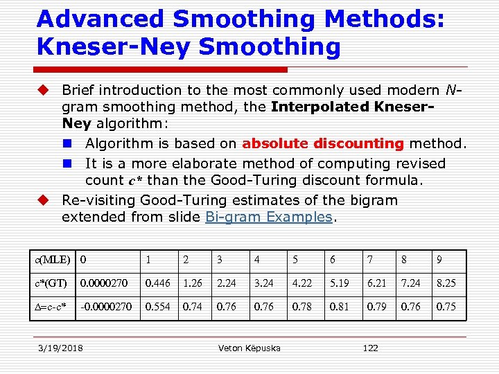 Advanced Smoothing Methods: Kneser-Ney Smoothing u Brief introduction to the most commonly used modern