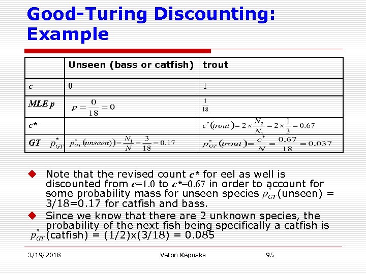 Good-Turing Discounting: Example Unseen (bass or catfish) trout c 0 1 MLE p c*