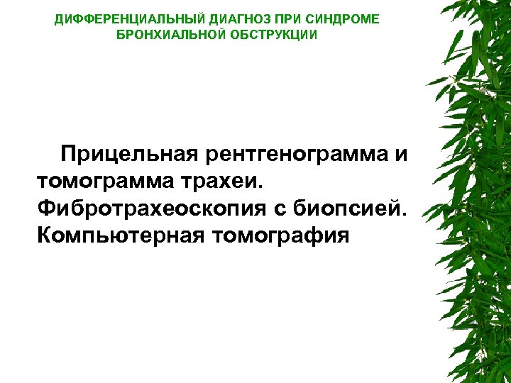 ДИФФЕРЕНЦИАЛЬНЫЙ ДИАГНОЗ ПРИ СИНДРОМЕ БРОНХИАЛЬНОЙ ОБСТРУКЦИИ Прицельная рентгенограмма и томограмма трахеи. Фибротрахеоскопия с биопсией.