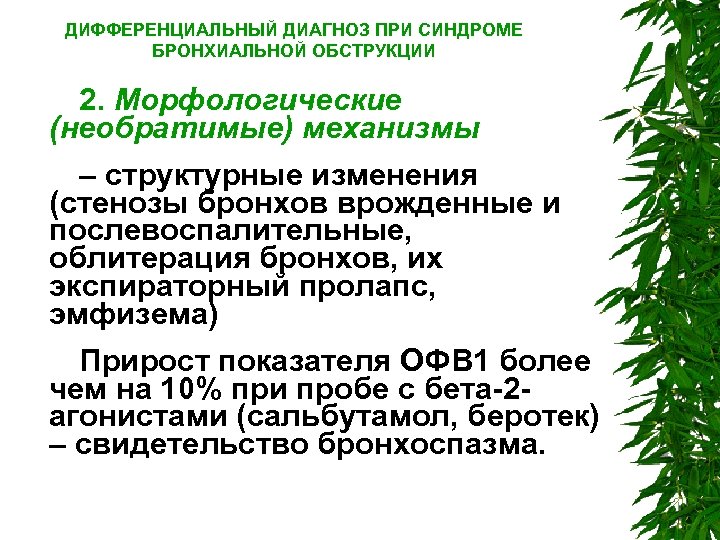 ДИФФЕРЕНЦИАЛЬНЫЙ ДИАГНОЗ ПРИ СИНДРОМЕ БРОНХИАЛЬНОЙ ОБСТРУКЦИИ 2. Морфологические (необратимые) механизмы – структурные изменения (стенозы