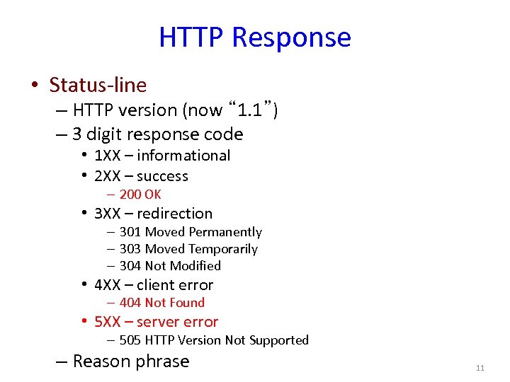HTTP Response • Status-line – HTTP version (now “ 1. 1”) – 3 digit