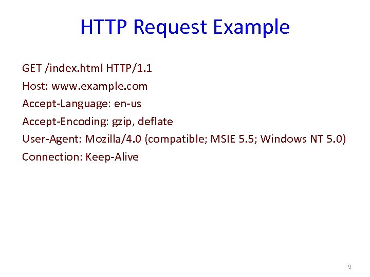 HTTP Request Example GET /index. html HTTP/1. 1 Host: www. example. com Accept-Language: en-us