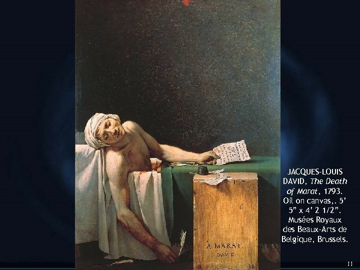 JACQUES-LOUIS DAVID, The Death of Marat, 1793. Oil on canvas, . 5’ 5” x