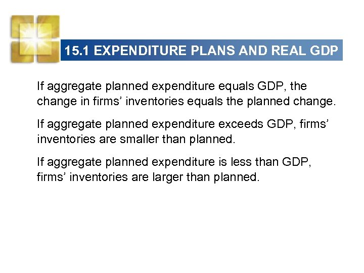 15. 1 EXPENDITURE PLANS AND REAL GDP If aggregate planned expenditure equals GDP, the