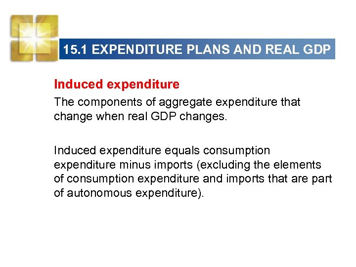 15. 1 EXPENDITURE PLANS AND REAL GDP Induced expenditure The components of aggregate expenditure