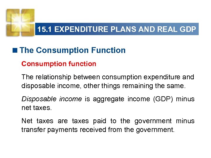 15. 1 EXPENDITURE PLANS AND REAL GDP <The Consumption Function Consumption function The relationship