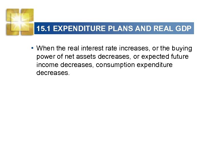 15. 1 EXPENDITURE PLANS AND REAL GDP • When the real interest rate increases,