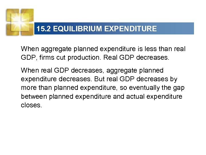 15. 2 EQUILIBRIUM EXPENDITURE When aggregate planned expenditure is less than real GDP, firms