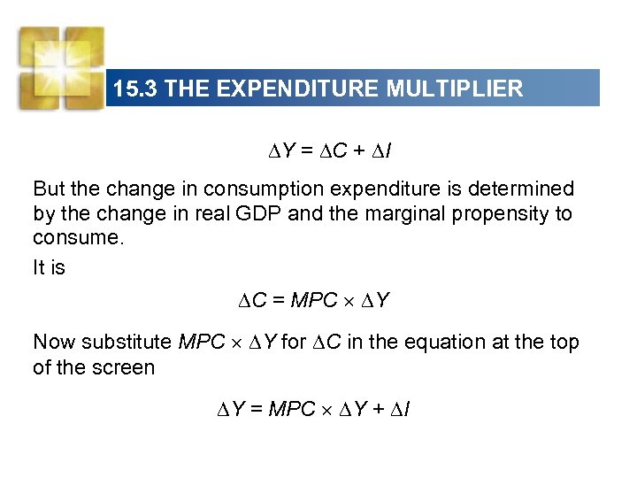 15. 3 THE EXPENDITURE MULTIPLIER Y = C + I But the change in