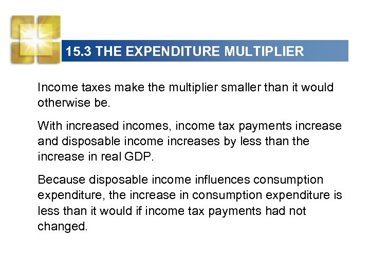 15. 3 THE EXPENDITURE MULTIPLIER Income taxes make the multiplier smaller than it would