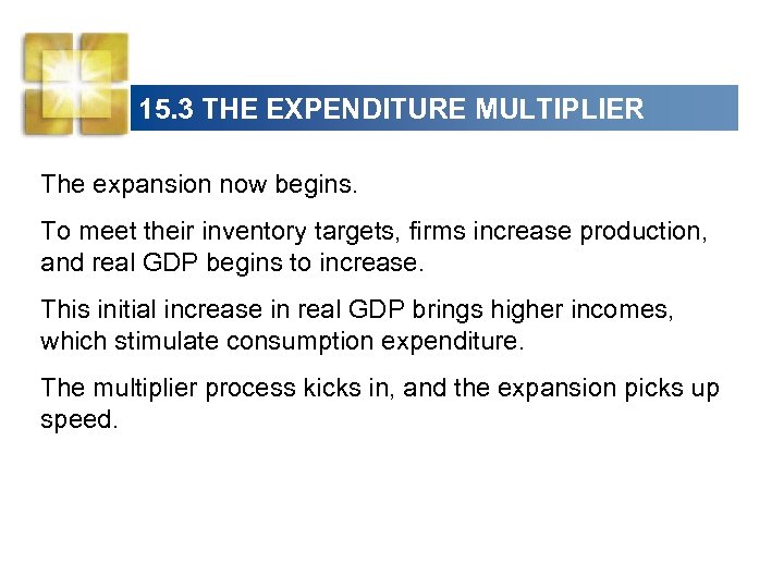 15. 3 THE EXPENDITURE MULTIPLIER The expansion now begins. To meet their inventory targets,