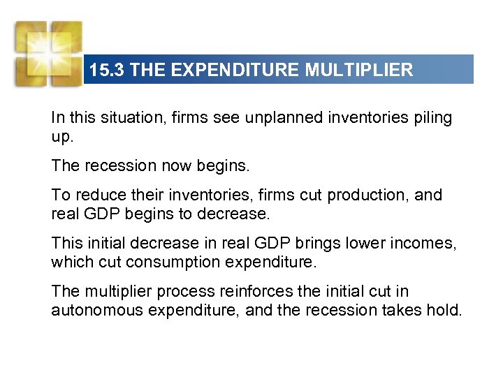 15. 3 THE EXPENDITURE MULTIPLIER In this situation, firms see unplanned inventories piling up.