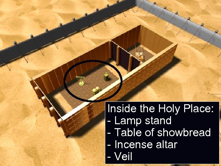 Inside the Holy Place: - Lamp stand - Table of showbread - Incense altar