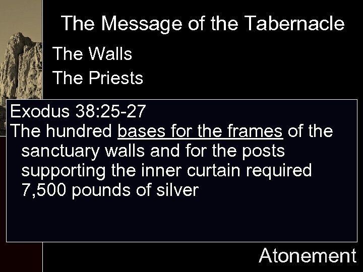 The Message of the Tabernacle The Walls The Priests Exodus 38: 25 -27 The