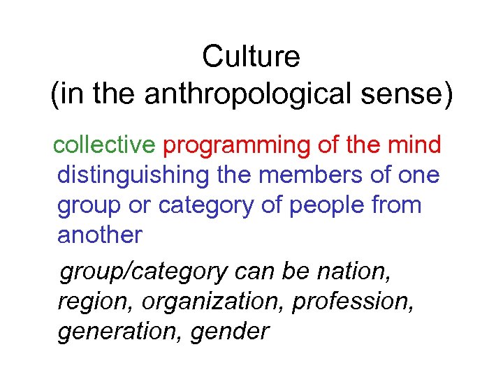 Culture (in the anthropological sense) collective programming of the mind distinguishing the members of