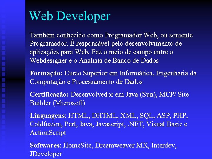 Web Developer Também conhecido como Programador Web, ou somente Programador. É responsável pelo desenvolvimento