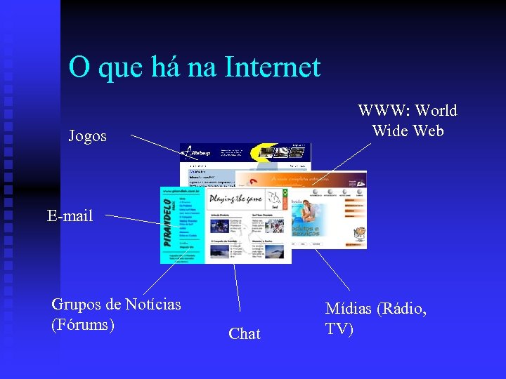 O que há na Internet WWW: World Wide Web Jogos E-mail Grupos de Notícias