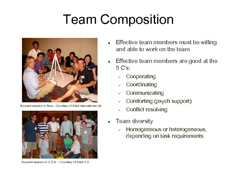 Team Composition Effective team members must be willing and able to work on the