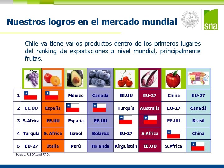 Nuestros logros en el mercado mundial Chile ya tiene varios productos dentro de los