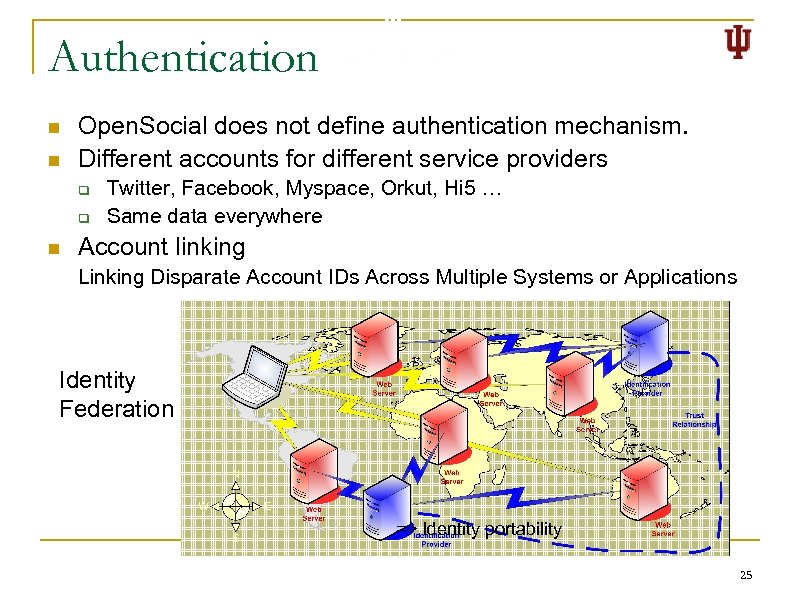 Authentication n n Open. Social does not define authentication mechanism. Different accounts for different