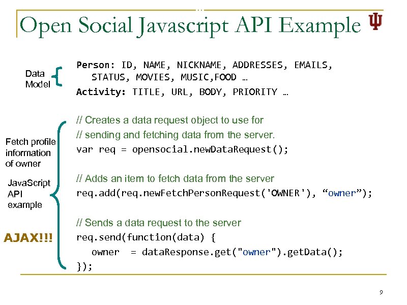 Open Social Javascript API Example Data Model Fetch profile information of owner Java. Script