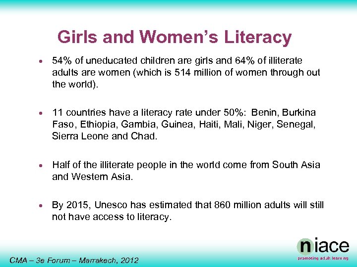 Girls and Women’s Literacy · 54% of uneducated children are girls and 64% of