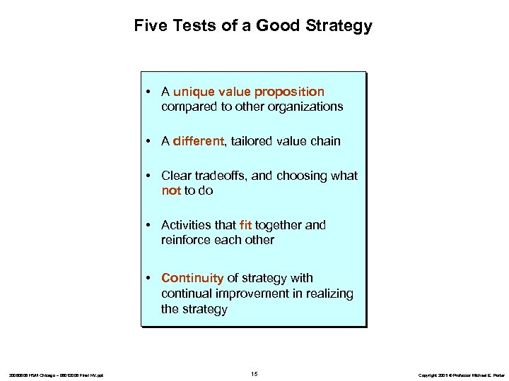 Five Tests of a Good Strategy • A unique value proposition compared to other