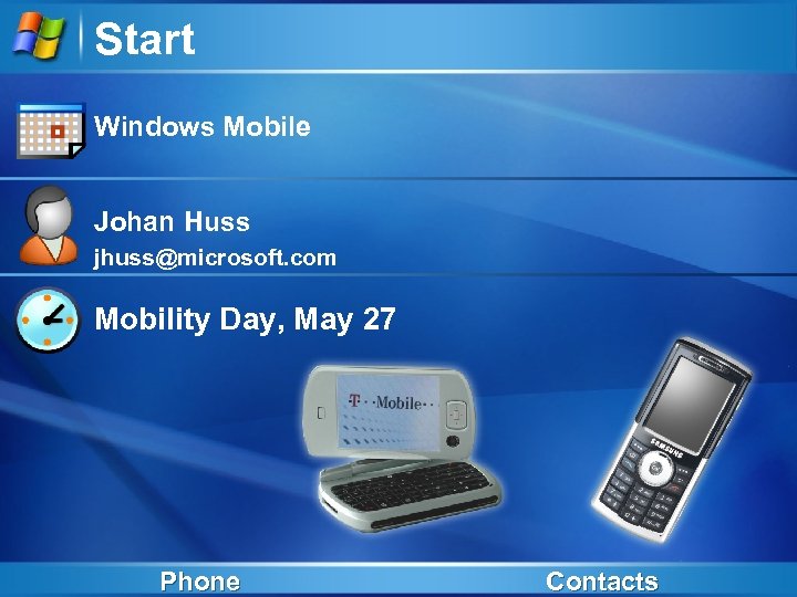 Start Windows Mobile Johan Huss jhuss@microsoft. com Mobility Day, May 27 Phone Contacts 