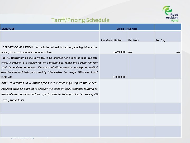 Tariff/Pricing Schedule SERVICES Billing of Service Per Consultation Per Hour Per Day REPORT COMPILATION: