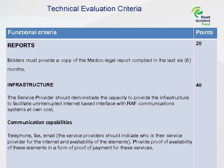 Technical Evaluation Criteria Functional criteria Points REPORTS 20 Bidders must provide a copy of