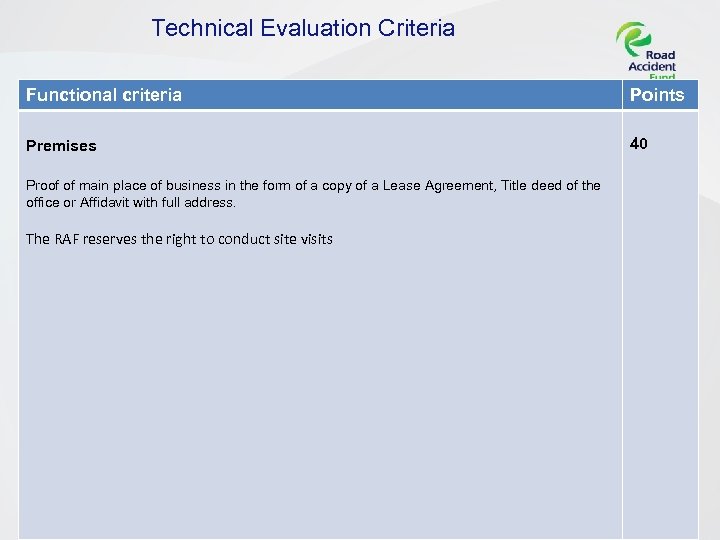 Technical Evaluation Criteria Functional criteria Points Premises 40 Proof of main place of business