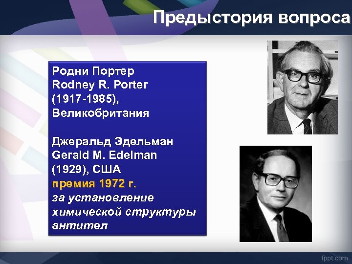 Предыстория вопроса Родни Портер Rodney R. Porter (1917 -1985), Великобритания Джеральд Эдельман Gerald M.