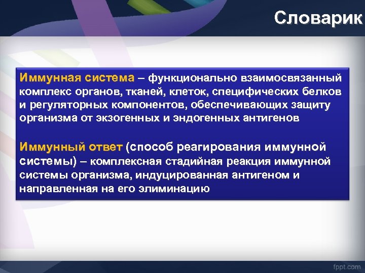 Словарик Иммунная система – функционально взаимосвязанный комплекс органов, тканей, клеток, специфических белков и регуляторных