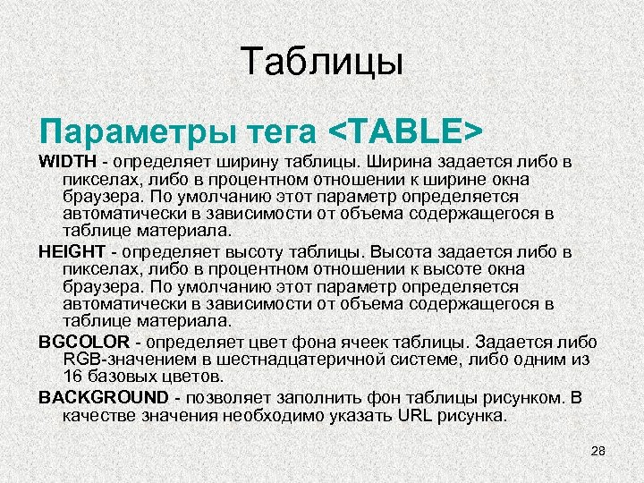 Таблицы Параметры тега <TABLE> WIDTH - определяет ширину таблицы. Ширина задается либо в пикселах,