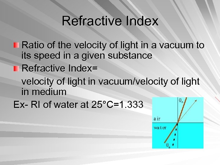 Refractive Index Ratio of the velocity of light in a vacuum to its speed
