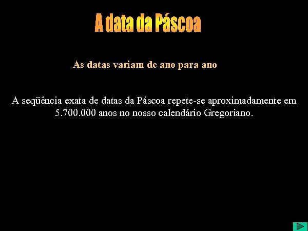 As datas variam de ano para ano A seqüência exata de datas da Páscoa