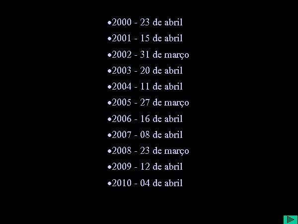 · 2000 - 23 de abril · 2001 - 15 de abril · 2002