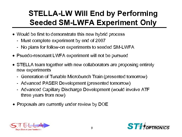 STELLA-LW Will End by Performing Seeded SM-LWFA Experiment Only · Would be first to