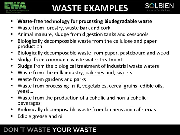WASTE EXAMPLES • • • • Waste-free technology for processing biodegradable waste Waste from