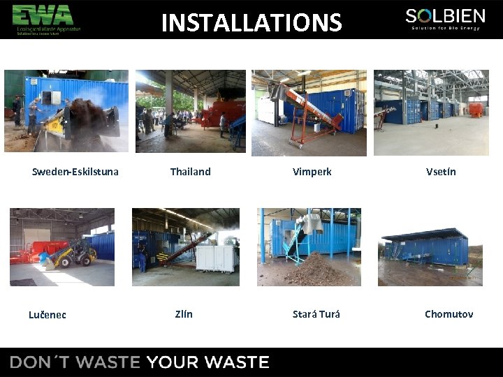 INSTALLATIONS Sweden-Eskilstuna Lučenec Thailand Zlín Vimperk Vsetín Stará Turá Chomutov 