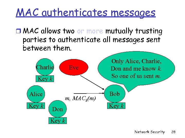 MAC authenticates messages r MAC allows two or more mutually trusting parties to authenticate