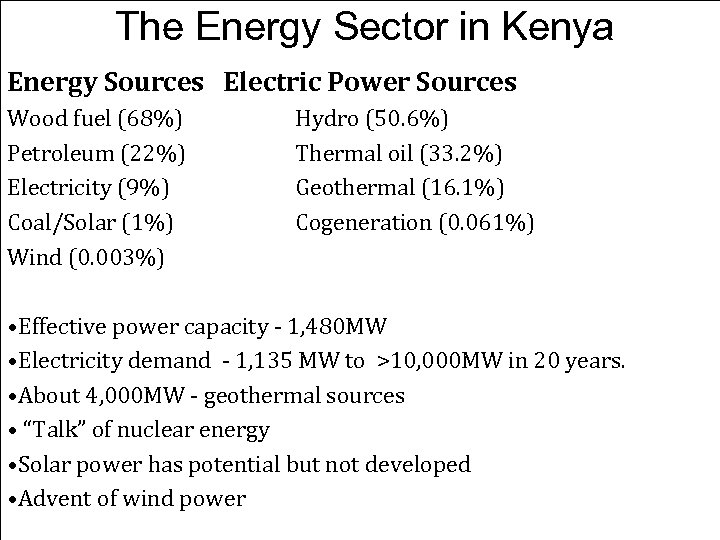 The Energy Sector in Kenya Energy Sources Electric Power Sources Wood fuel (68%) Hydro