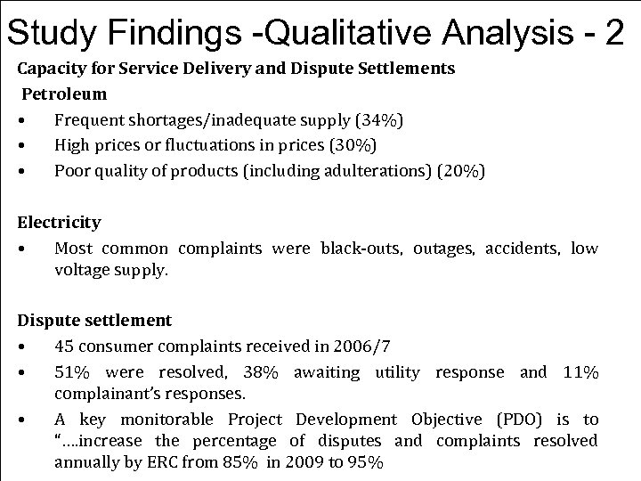 Study Findings -Qualitative Analysis - 2 Capacity for Service Delivery and Dispute Settlements Petroleum