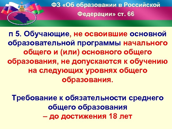 ФЗ «Об образовании в Российской Федерации» ст. 66 п 5. Обучающие, не освоившие основной