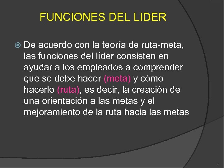 FUNCIONES DEL LIDER De acuerdo con la teoría de ruta-meta, las funciones del líder