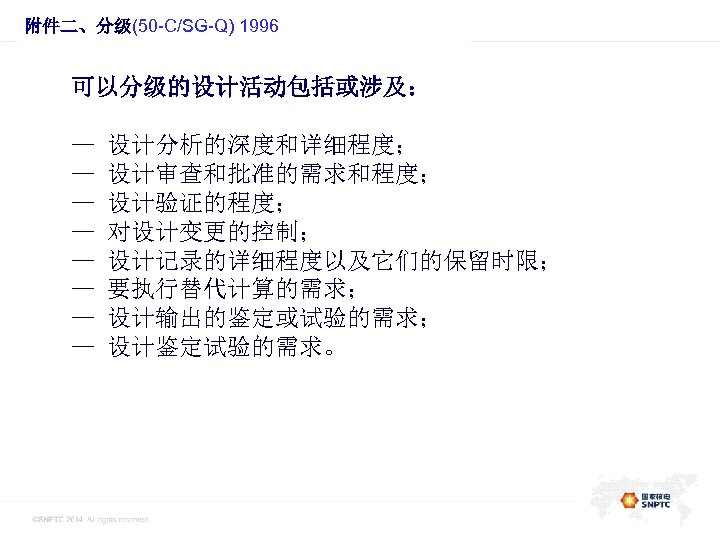 此处的位置是一级标题 附件二、分级(50 -C/SG-Q) 1996 可以分级的设计活动包括或涉及： — — — — 设计分析的深度和详细程度； 设计审查和批准的需求和程度； 设计验证的程度； 对设计变更的控制； 设计记录的详细程度以及它们的保留时限；