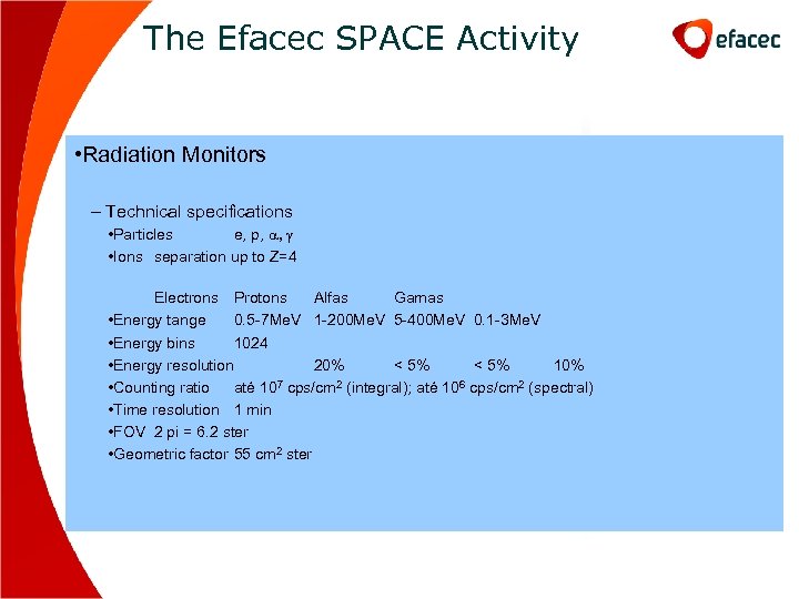 The Efacec SPACE Activity • Radiation Monitors – Technical specifications • Particles e, p,