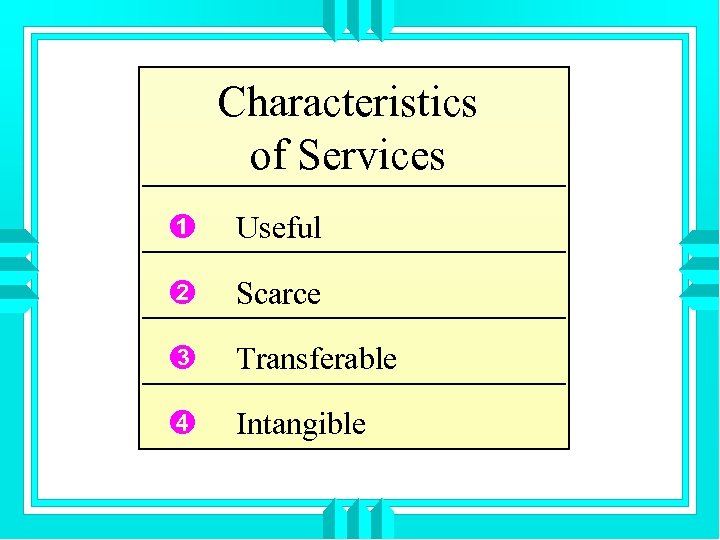 Characteristics of Services Ê Useful Ë Scarce Ì Transferable Í Intangible 